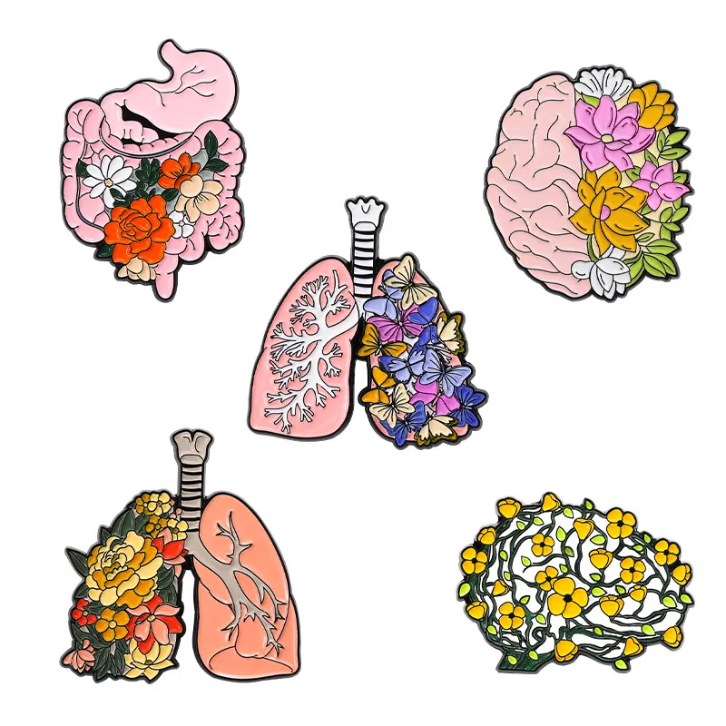 Stock Wholesale Custom Organs Flower Enamel Pin Body Internal Heart Brain Lung Plant Punk Butterfly Medical Lapel Pin