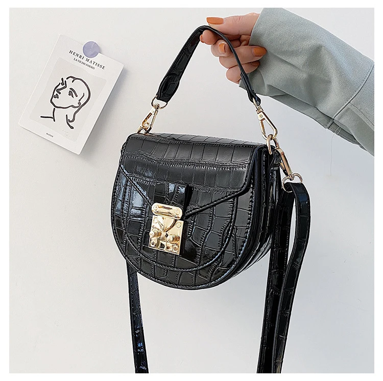 Patent Leather Pu Handbag Round Saddle Bag Royal Blue Women Detachable Handle Lock Crossbody Bag Sling Bag