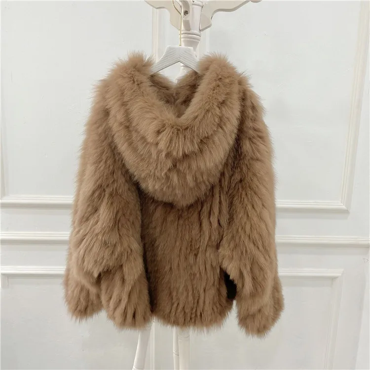 Double-sided weave women loose bat sleeve hooded faux jacket fox fur coats
