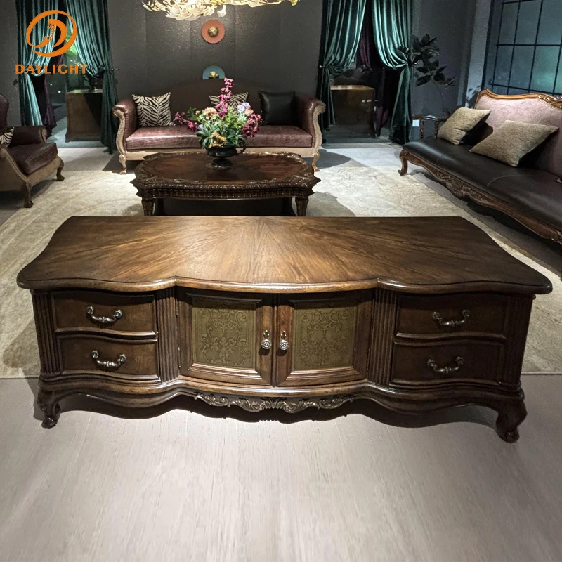 Apartment Wood Luxury Antique TV Bench Hotel Villa Wooden Classic Living Room Furniture Vintage Customizable European TV Stand