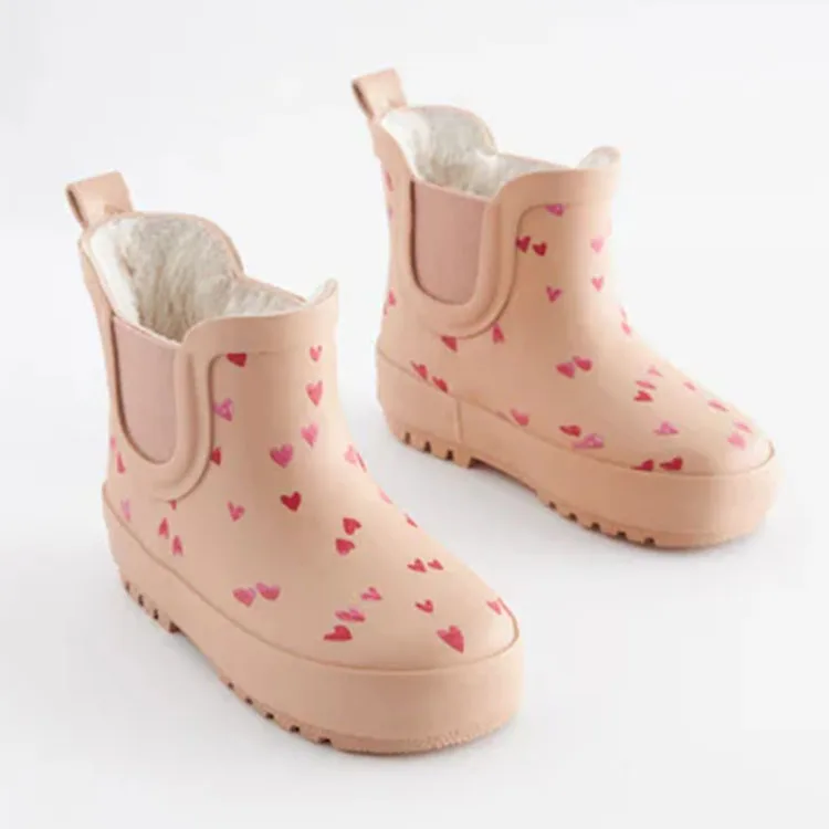 Custom Adorable Short Ankle Design Wellies Warm Faux Fur Lined Kids Rain Boots
