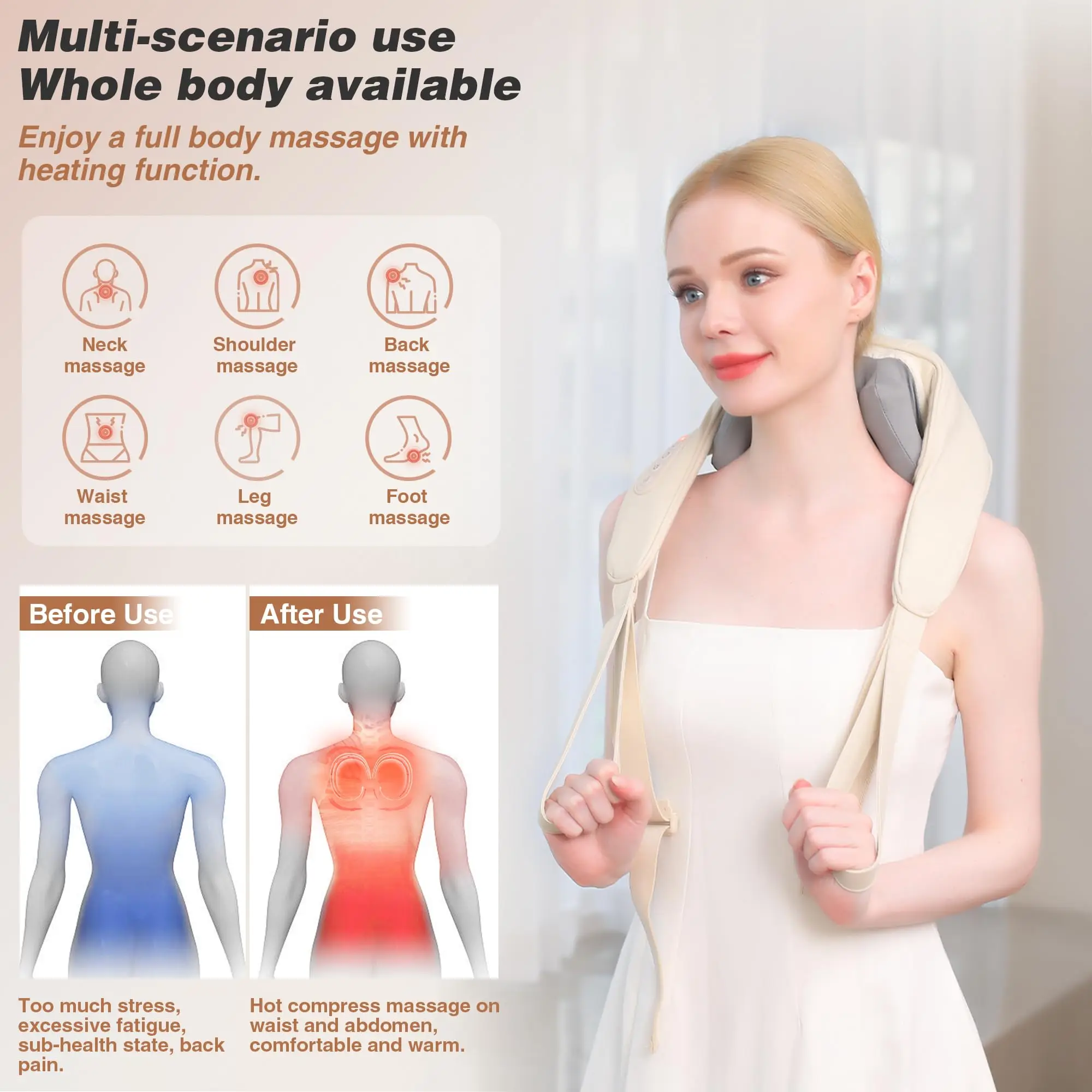 Smart Control Heating Neck Kneading Massager Relief Belt Shiatsu Electric Back Neck Shoulder Massager For Neck Pain