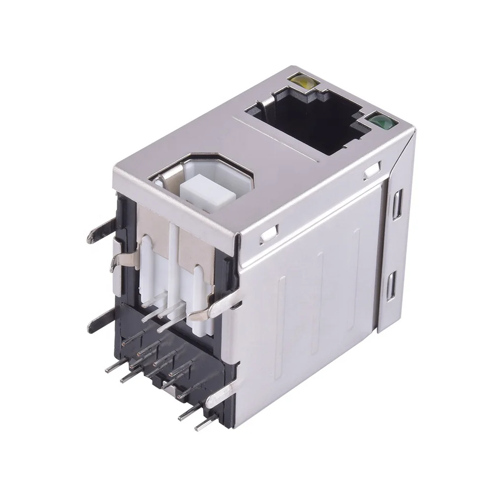 RJ45 Jack With USB2.0 TYPE-B Female Connector Two-In-One