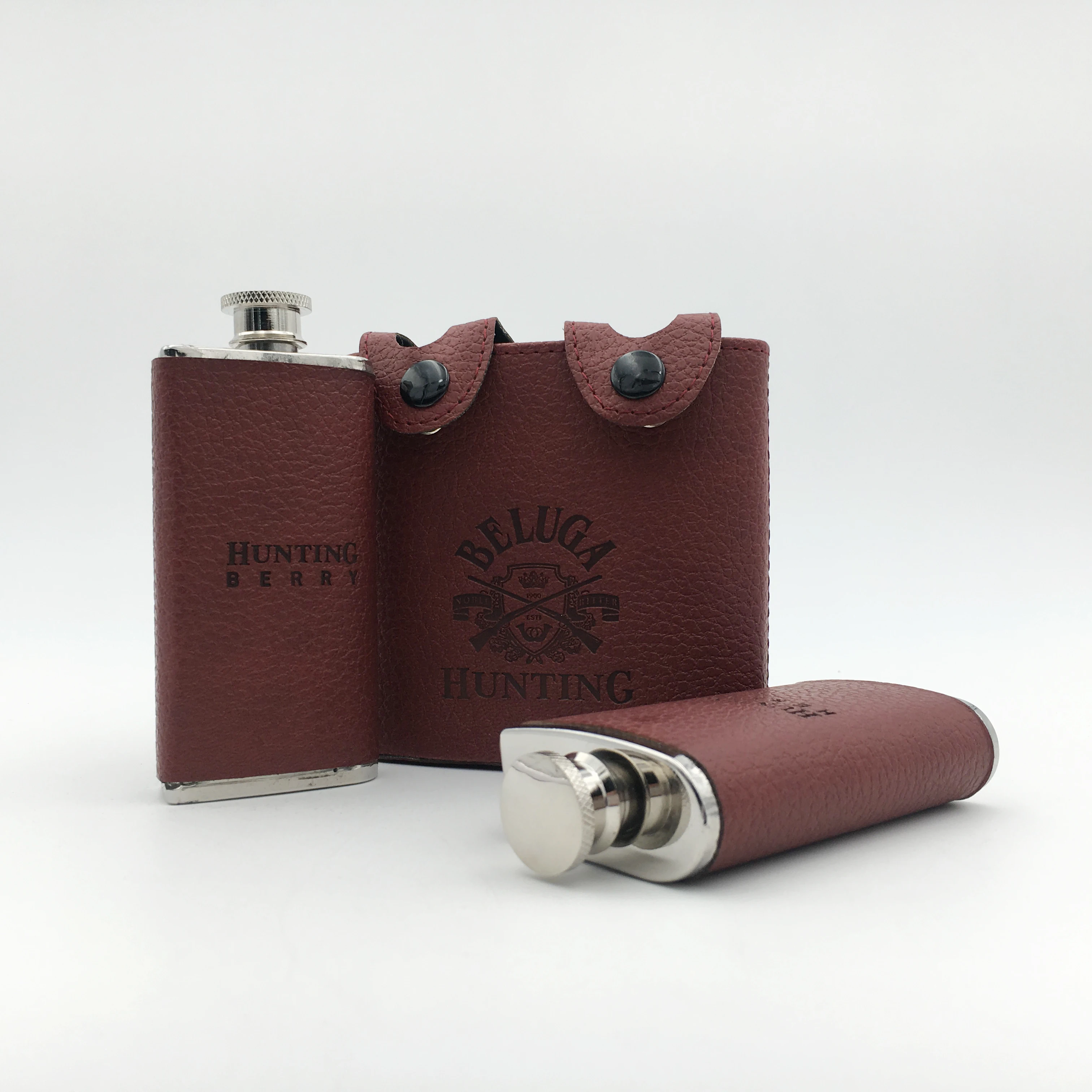 
Custom design portable faux leather brown steel wine man stitching classic leather hip flask 