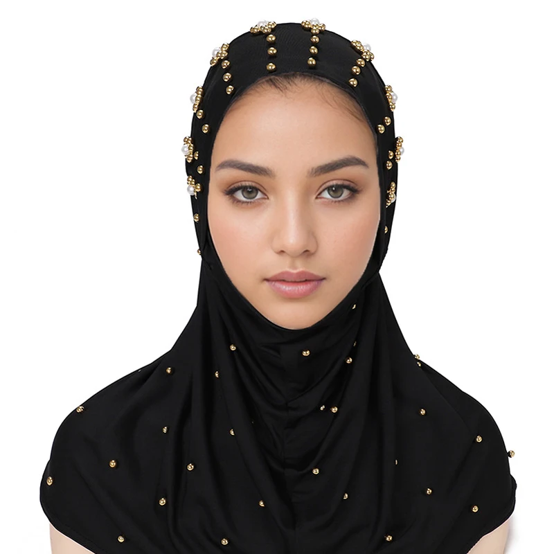 yiwu market new products Islam women abaya wear head cover scarf plain color pearl design women hijab