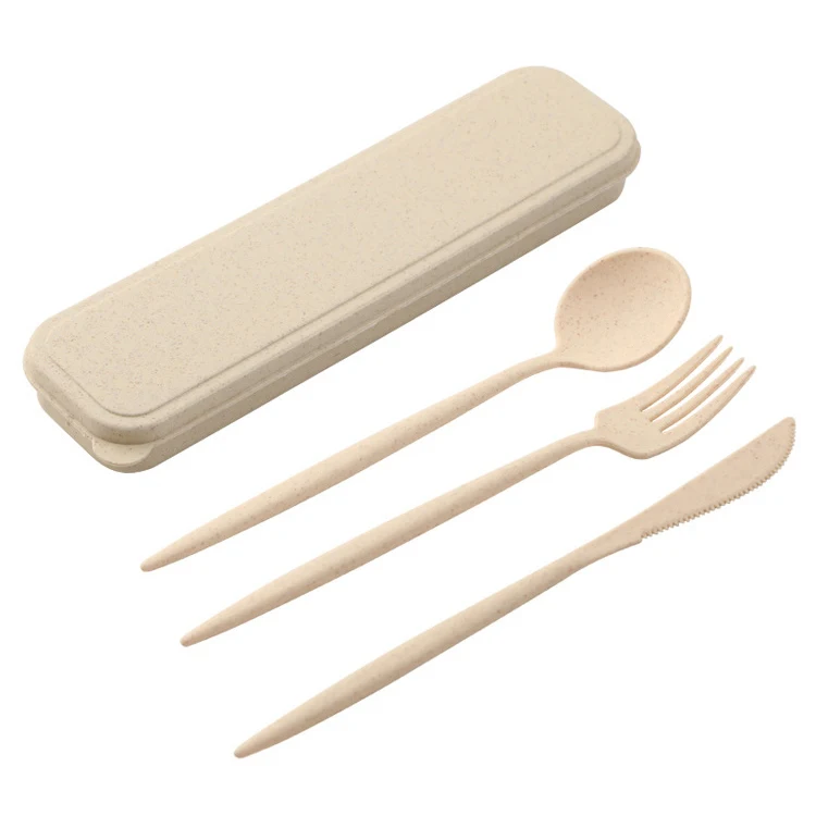 20 amazon hot sale Wheat straw tableware set Portable Student tableware Wheat three-piece set knife fork spoon promotional gift
