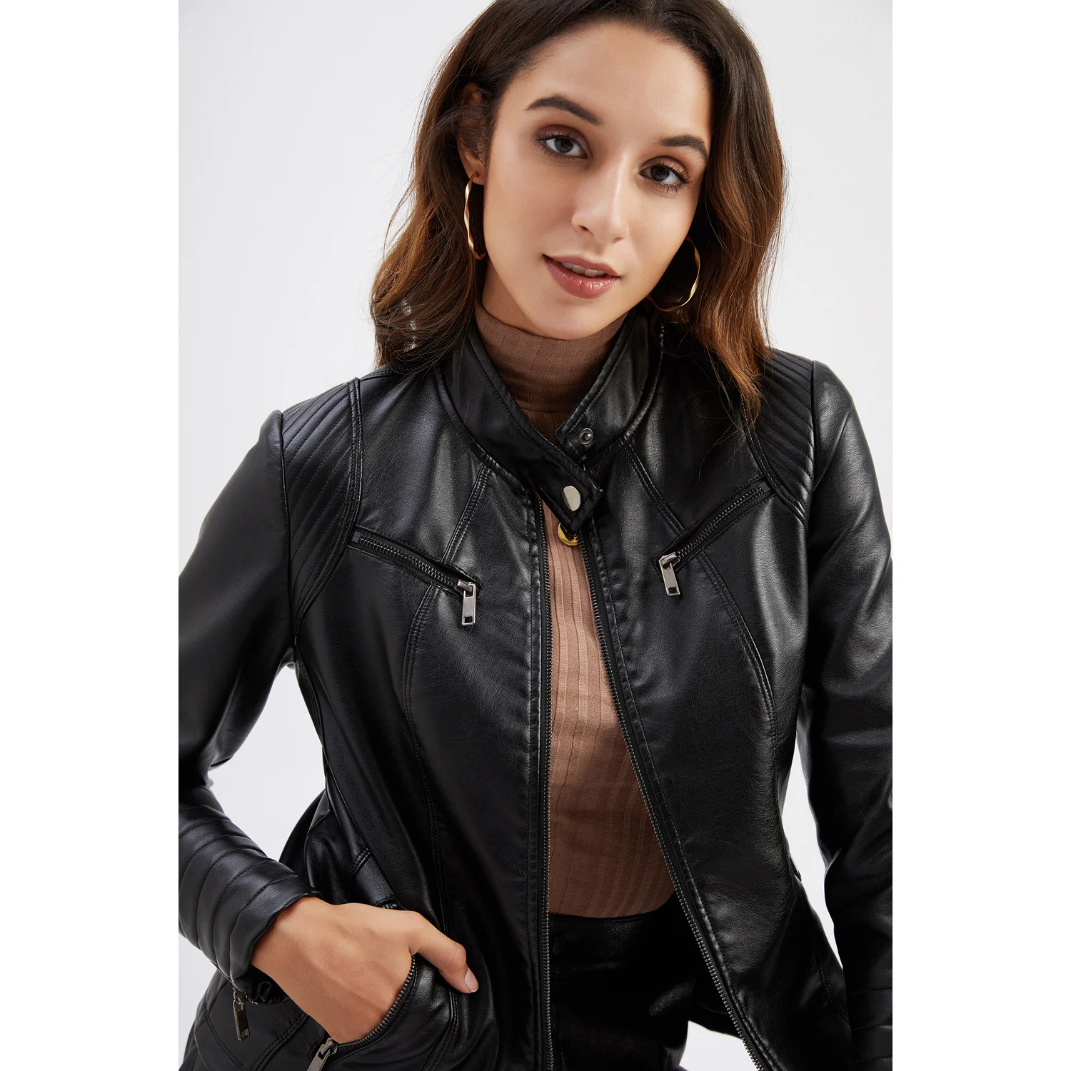 YUNNES Latest Fall 2023 Women Clothes Street Wear Motorcycle Faux Leather Jacket for Women