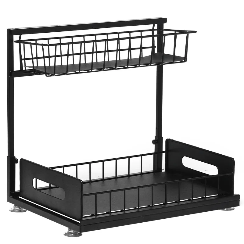 Factory direct sales kitchen multifunctional high quality black retractable sink kitchen storage rack metal
