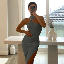 Summer 2021 Knitting Casual Dresses Women Indian Wholesale Bulk Casual Beach Solid Bodycon Slit One Shoulder Halter Midi Dress