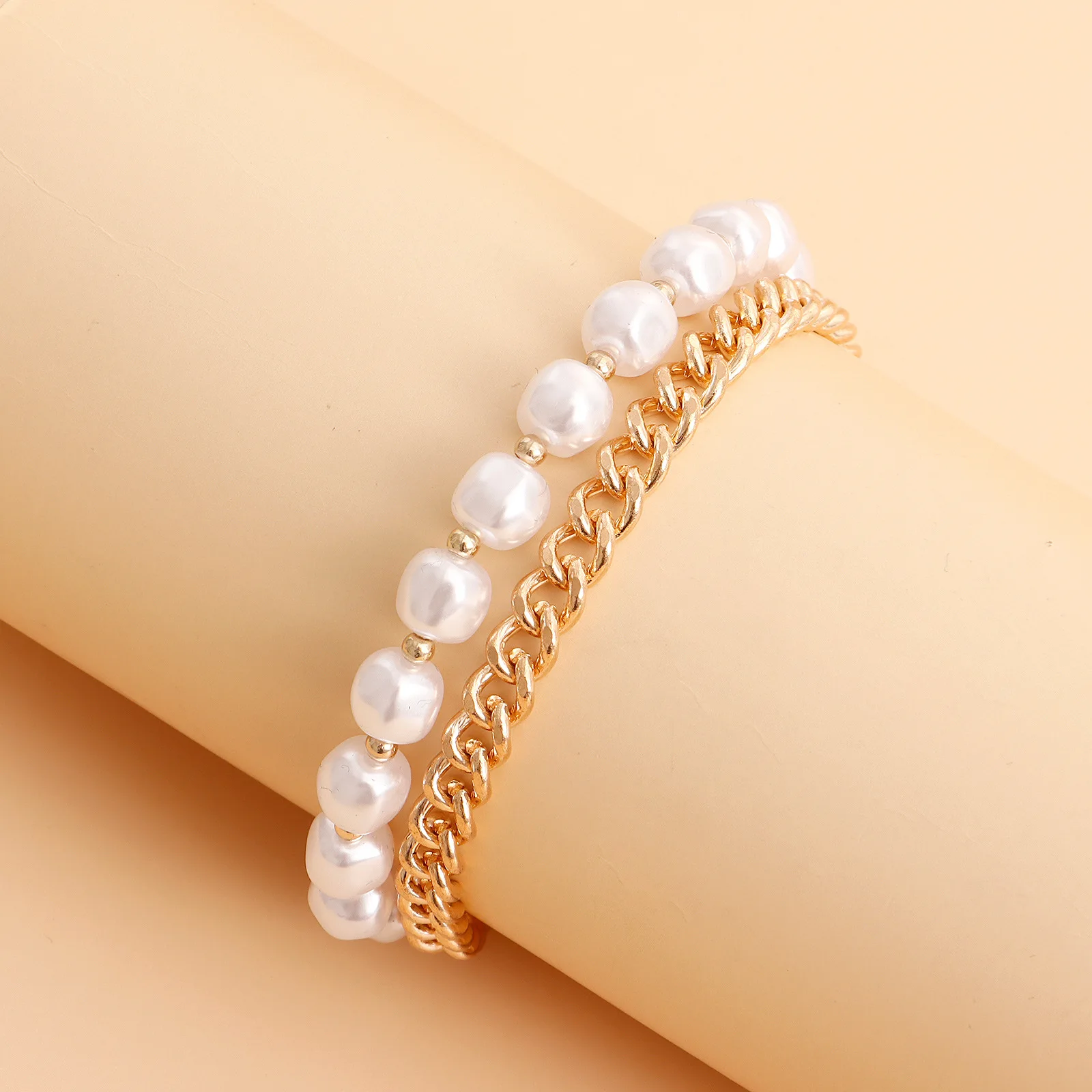 Factory Wholesale Double Layer Retro Wild Baroque Pearl Bracelet Hip Hop Thick Chain Cuban Chain Bracelet Women Jewelry