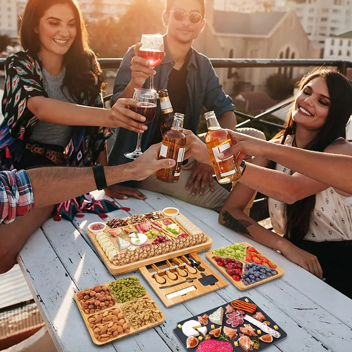 Wholesale Bamboo Cheese Board With Cheese Knives Black Slate Labels Wine Opener Ceramic Bowls