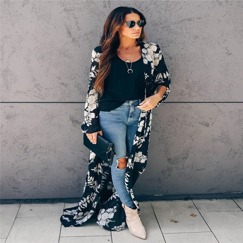 Hot Selling Women Plus Size Casual Dress Floral Print Chiffon Fabric Long Cardigan Kimono Robe Women