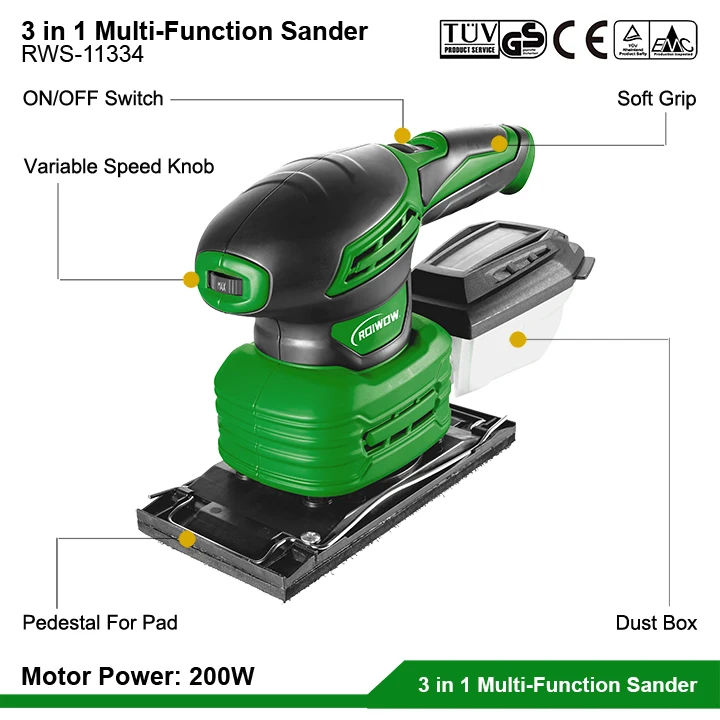 200W Portable Mini Electric Random Orbital Sander Woodworking 3 in 1 Multi-Function Wood Detail Finishing Orbit Sheet Sanders