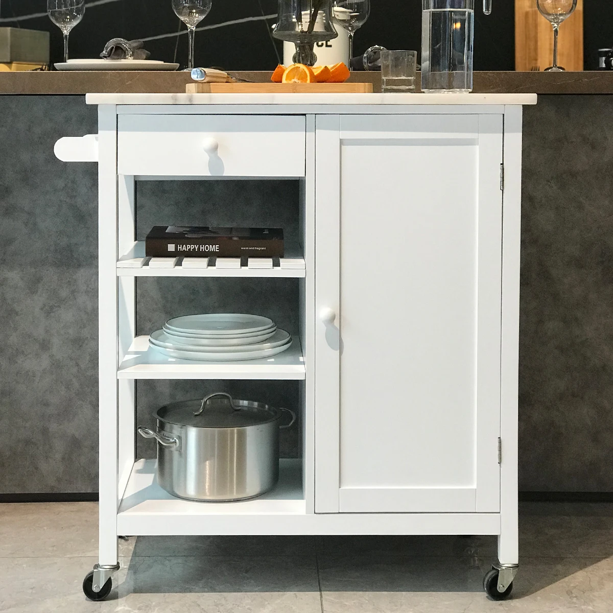 White 4-layer kitchen storage trolley dining trolley marble table top with drawer stand