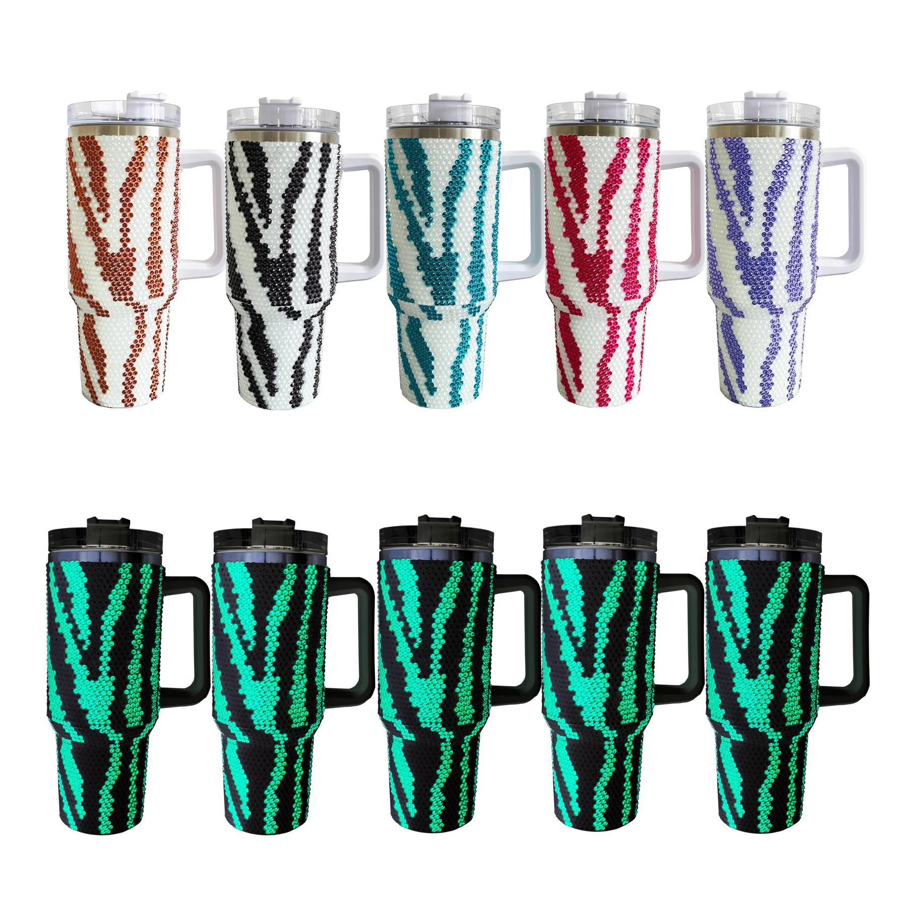 Stainless Steel vacuum insulated glow in dark Zebra stripe 40oz rhinestone bling diamond tumbler with Handle and Straw