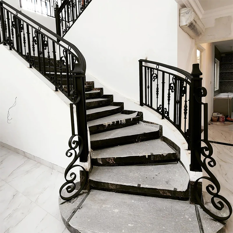 Alucasa luxury custom stair case balusters hand forged antique steel scrolls design security wrought iron railing