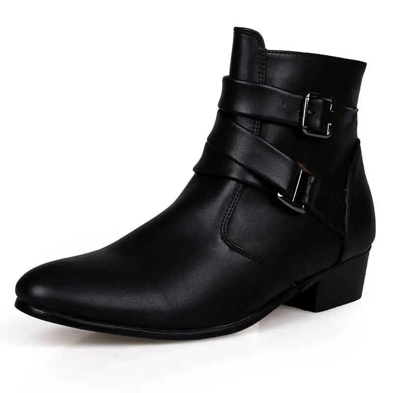 Fashion Mens High Heel Boots Men Ankle Chelsea Boots Patent Leather Male Shoes Chunky Motorcycle Man Boot