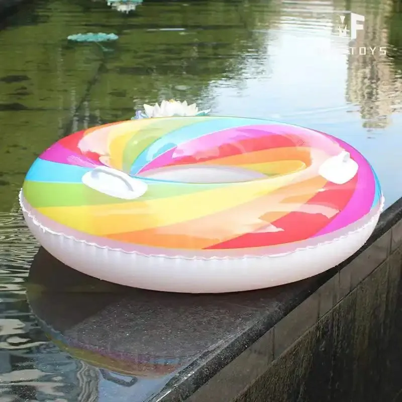JIURAN Design Pvc Children And Adults Size Colorful Rainbow Inflatable Pool Floaters With Handle Swimming Ring