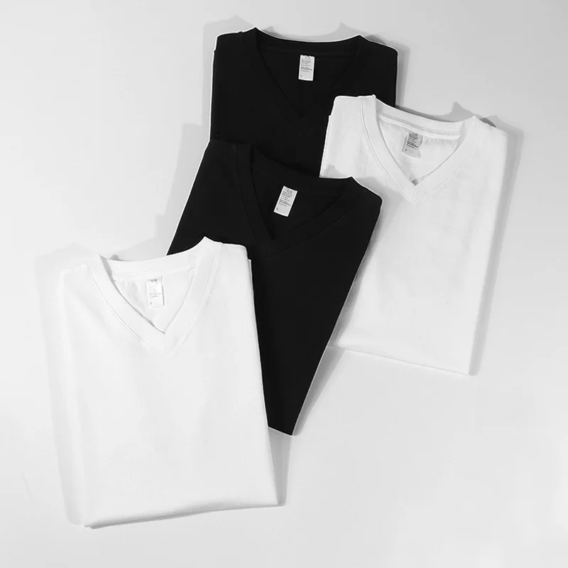 NADANBAO Factory High Quality Breathable Custom T-shirt Opaque Mens Thick V Neck Rib Collar Full Cotton White T shirt for men