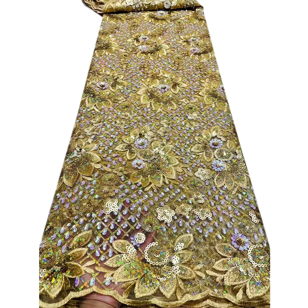 2022 Latest Nigerian Net Sequin Lace Beaded Fabric Floral Mesh Luxury Design Material for Sewing African Women Party Night Dress