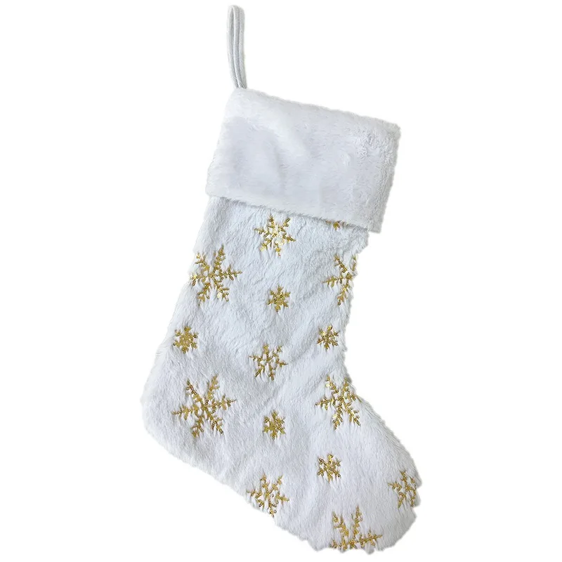 White Plush Christmas Socks Silver Snowflake Sequin Embroidery Super Soft Fireplace Hanging Socks Stress Relief