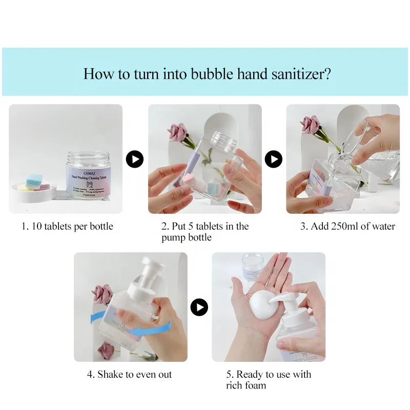 CAMAZ Private Logo  Eco-friendly Safe Dissolvable Foaming Hand Soap Tablet Washing Cleaning Soap Tablets