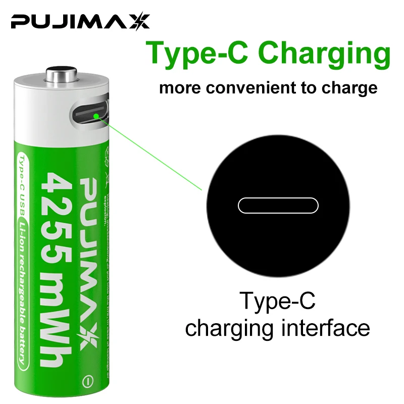 PUJIMAX 4PCS Constant Voltage 1.5V AA Li ion Battery USB C Charging 4255mWh Lithium Ion Rechargeable Batteries For Flashlight