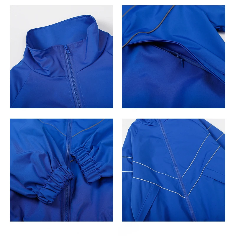 Hip Hop Reflective Striped Jackets Mens Patchwork Zipper Windbreaker Streetwear Casual Loose Varsity Coats Unisex Blue Jacket