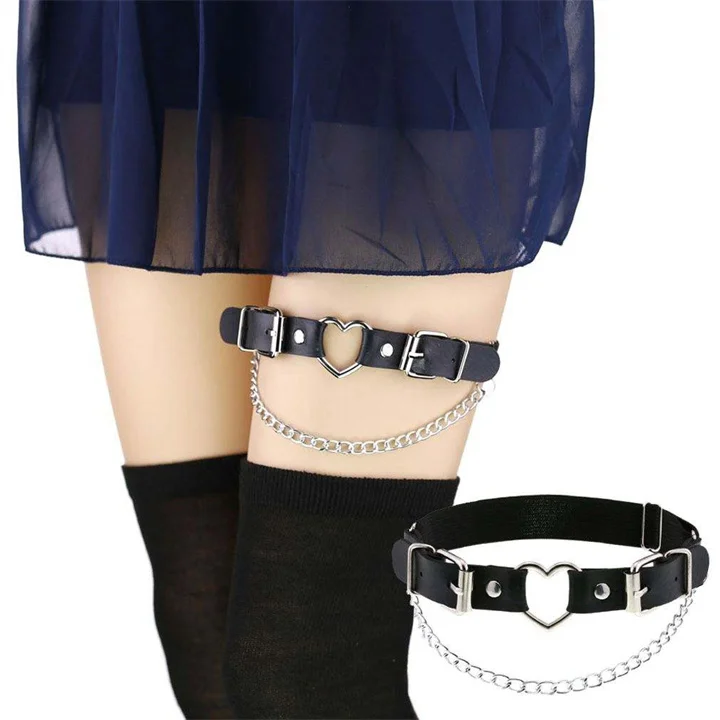 Cosplay Rock Pub Girls Harajuku Gothic Sexy Thigh Garter Studded Heart Chain Leg Ring Punk Pu Leather Adjustable Garter Belt