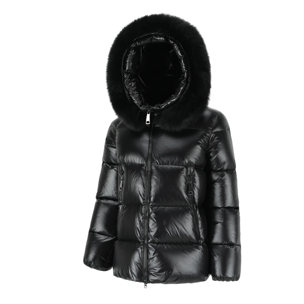 OEM Wholesale black Fashion Duck Down Puffer Jacket Winter Down Goose Women Jacket with fur hood