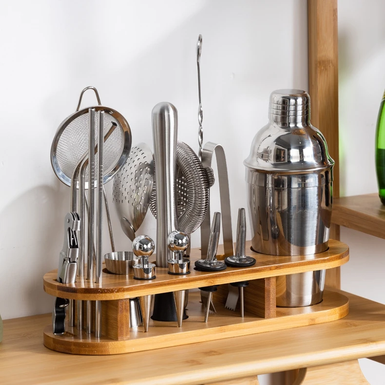 Professional Barware Tools Wooden Stand Stainless Steel Bartender Kit Bar Accessories Jigger Cocktail Shaker Set