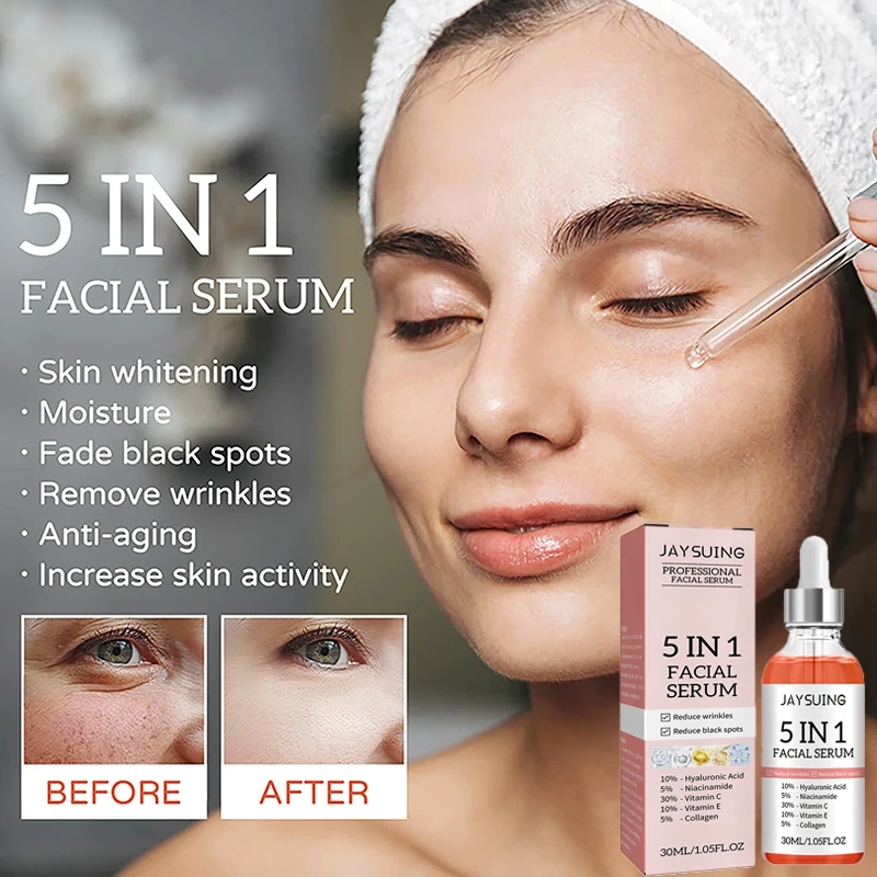 Facial Essence Hyaluronic Acid 5 in 1 Moisturizing Whitening Lightening Spots Anti-Wrinkle Anti-aging Facial Treatment