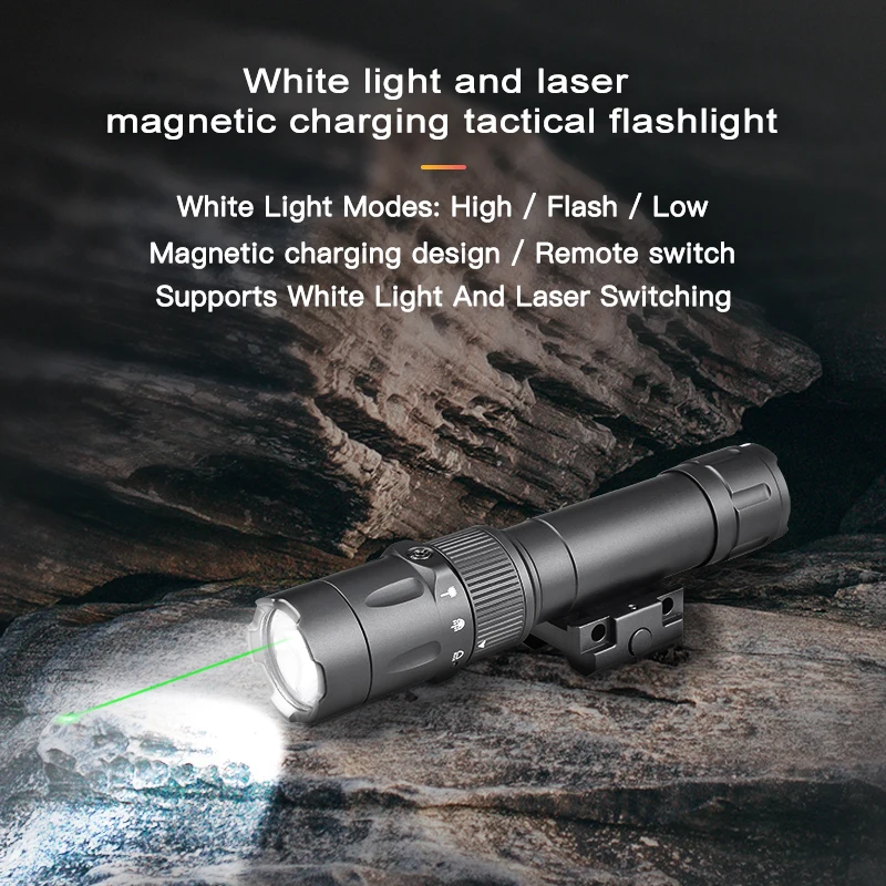 New High Power 2000 Lumens Magnetic USB Rechargeable Tactical Flashlight with Green Laser Combo with Remote Switch