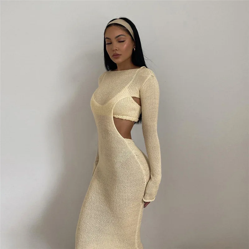 Fall New Women Clothes Plush Thick Long Sleeve Hollow out Maxi Skirt Set 2 Piece Long Dress Sets