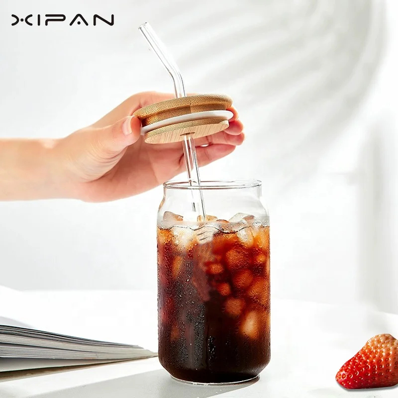 High borosilicate glass custom logo blank can shaped glass water cup beer soda can glass with bamboo lid and straw