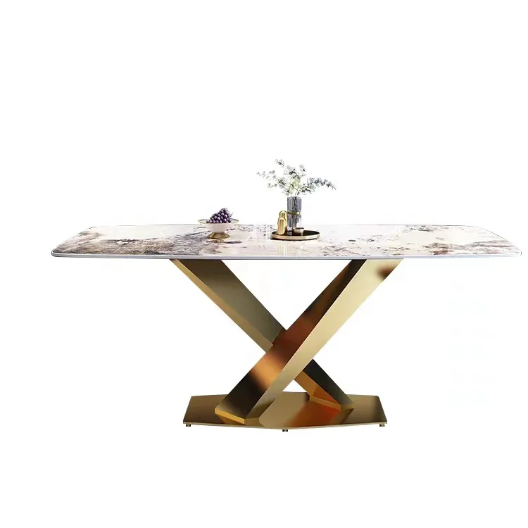 Minimal Marble Sintered Stone Flat Noodles Rectangular Table Golden Cross Stainless Steel Table Legs 8 Chairs Dining Table Set