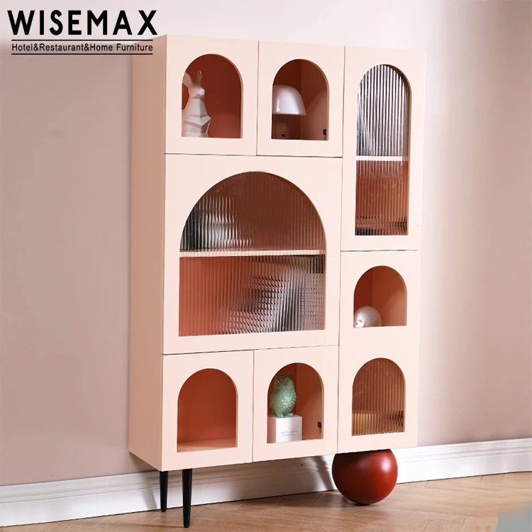 WISEMAX FURNITURE creative living room sofa side pink wood glass long cabinet with open door shelving design floor cabinet