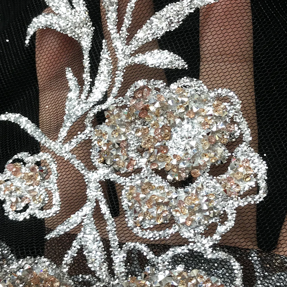 Wholesale Black African French Net Tulle Mesh Glitter Rhinestone Lace Fabric Shiny Flower Sequence Evening Dress Sewing Material