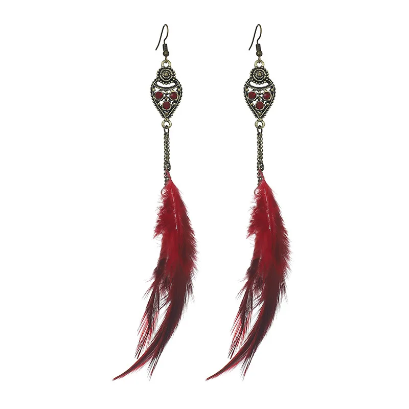 Bohemian style  feather earrings Drop shaped point drill chain fringe feather earrings with  fringe feather