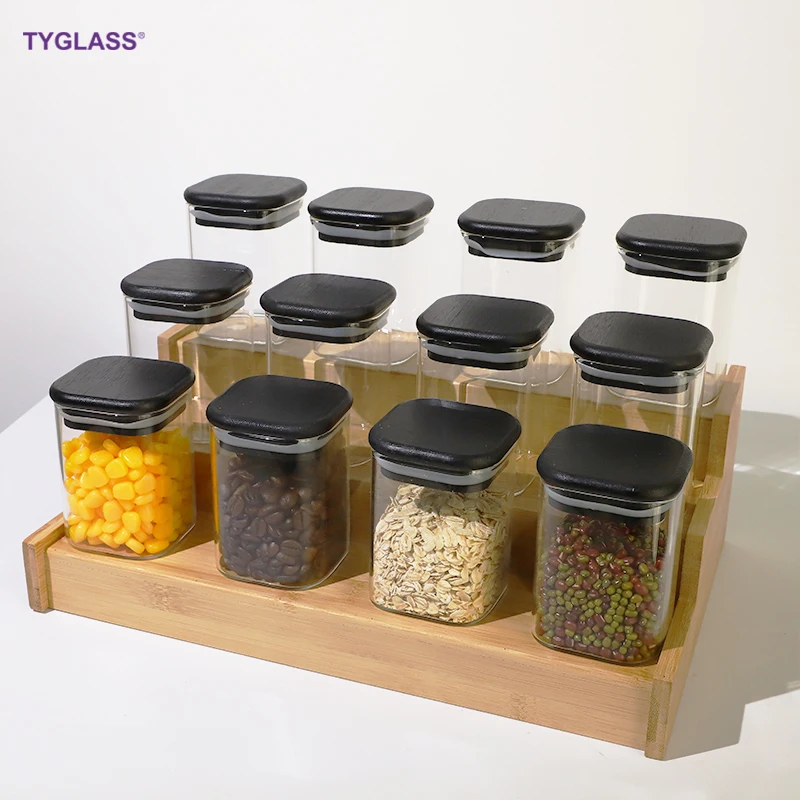 Factory direct sales customizable multi-specification heat resistant Square food storage glass jar with bamboo wooden lid