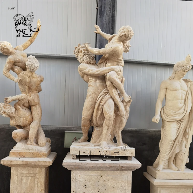 BLVE Spot Goods Life Size Antique Natural Stone Carving Outdoor Garden Sculpture Travertine Marble Greek Statues