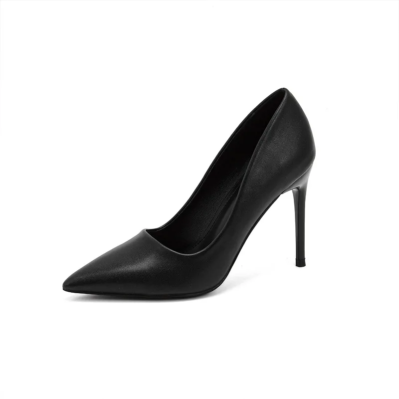 Women Black High Heeled Pointed Toe Shoes Office Lady Elegant Slip-on Thin Heel PU Leather Velvet Business Base Simple Shoes