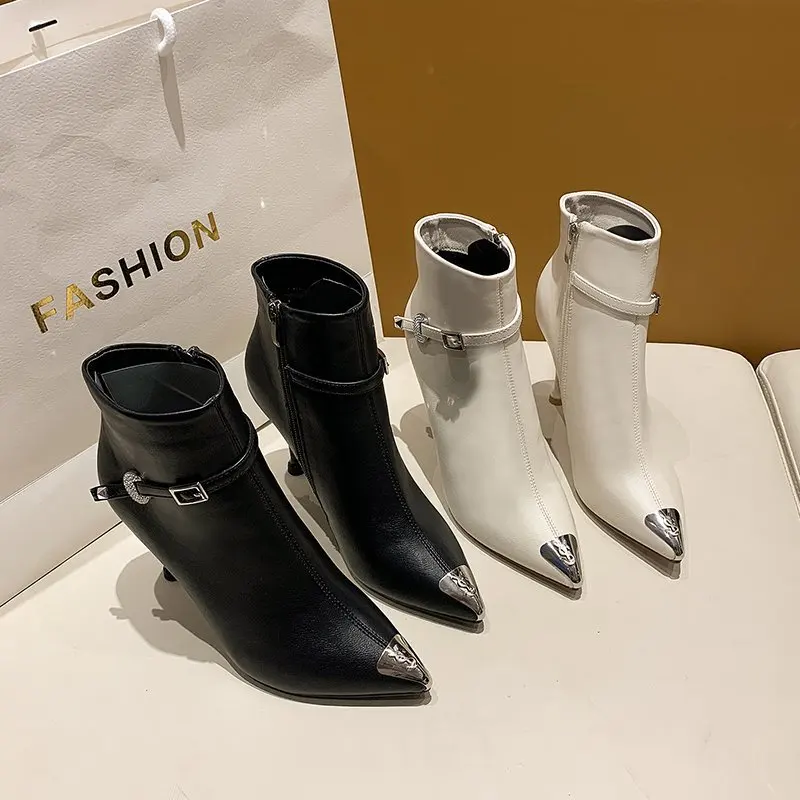 2021 Hot Sale New Women Metal Pointed High Heels Stiletto Short Boots All Match Casual Women Shoes