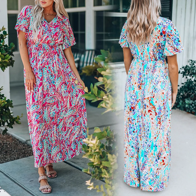 Bohemian Summer V Neck Short Sleeve Maxi Dress Design Patterns Custom Women Casual Dresses Boho
