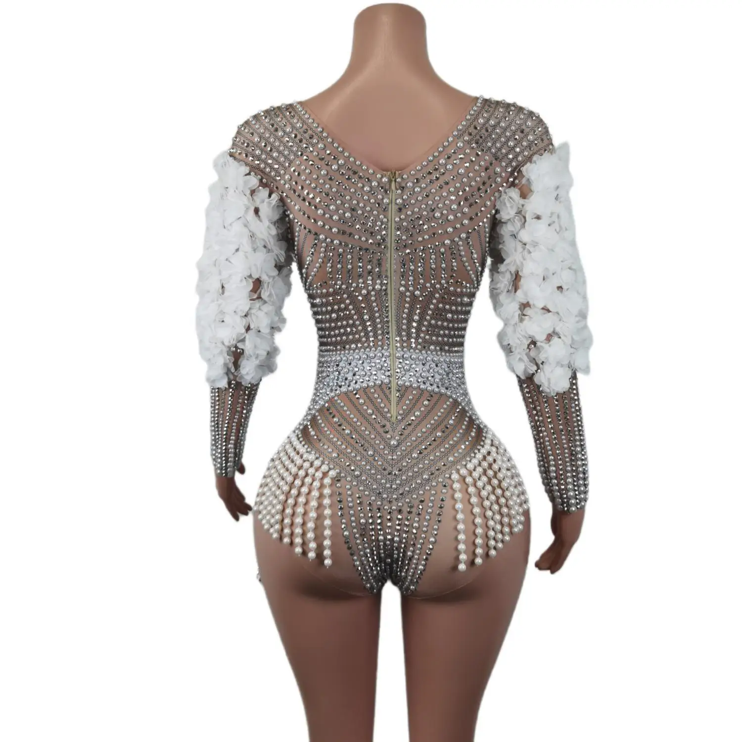 Sexy Performance Women Singer Leotard Stage Wear Beyonce Stretch Outfit Super Pearls Rhinestones Flower Playsuits
