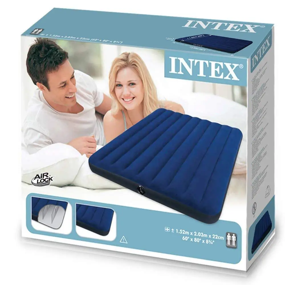 INTEX 64765 Queen Classic Airbed With Hand Pump Inflatable Mattress For Camping