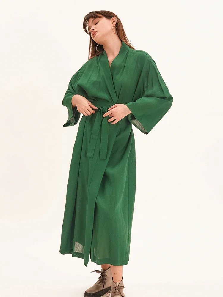 Hiloc Green Cotton Light Robes For Coverage Mid-Calf Night Dress Women Robe With Sashes Long Sleeve Bathrobe Female Albornoces