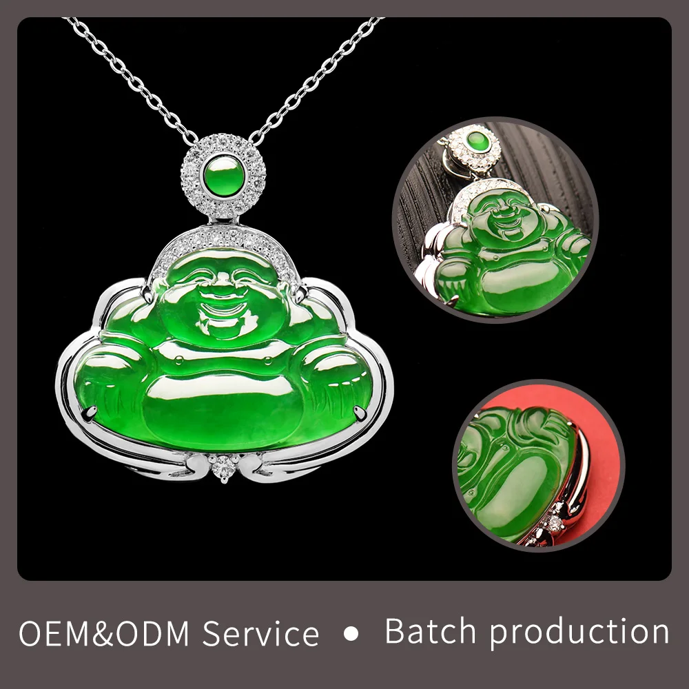 18k Gold Diamond Buddha Pendant A Grade jadeite Laughing Buddha White Gold Jade Buddha Pendant Necklace