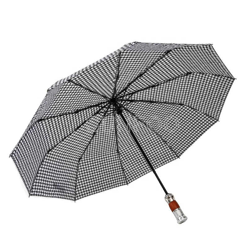 Super Fashion Houndstooth Design Compact Travel Rain Auto 3 Fold Umbrella