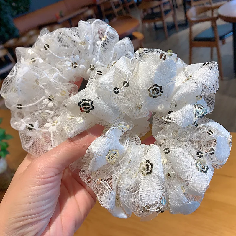 Embroidery White Lace Elegant Lady Summer Scrunchies Breathable Women Hair Bands Retro Large Hair Tie